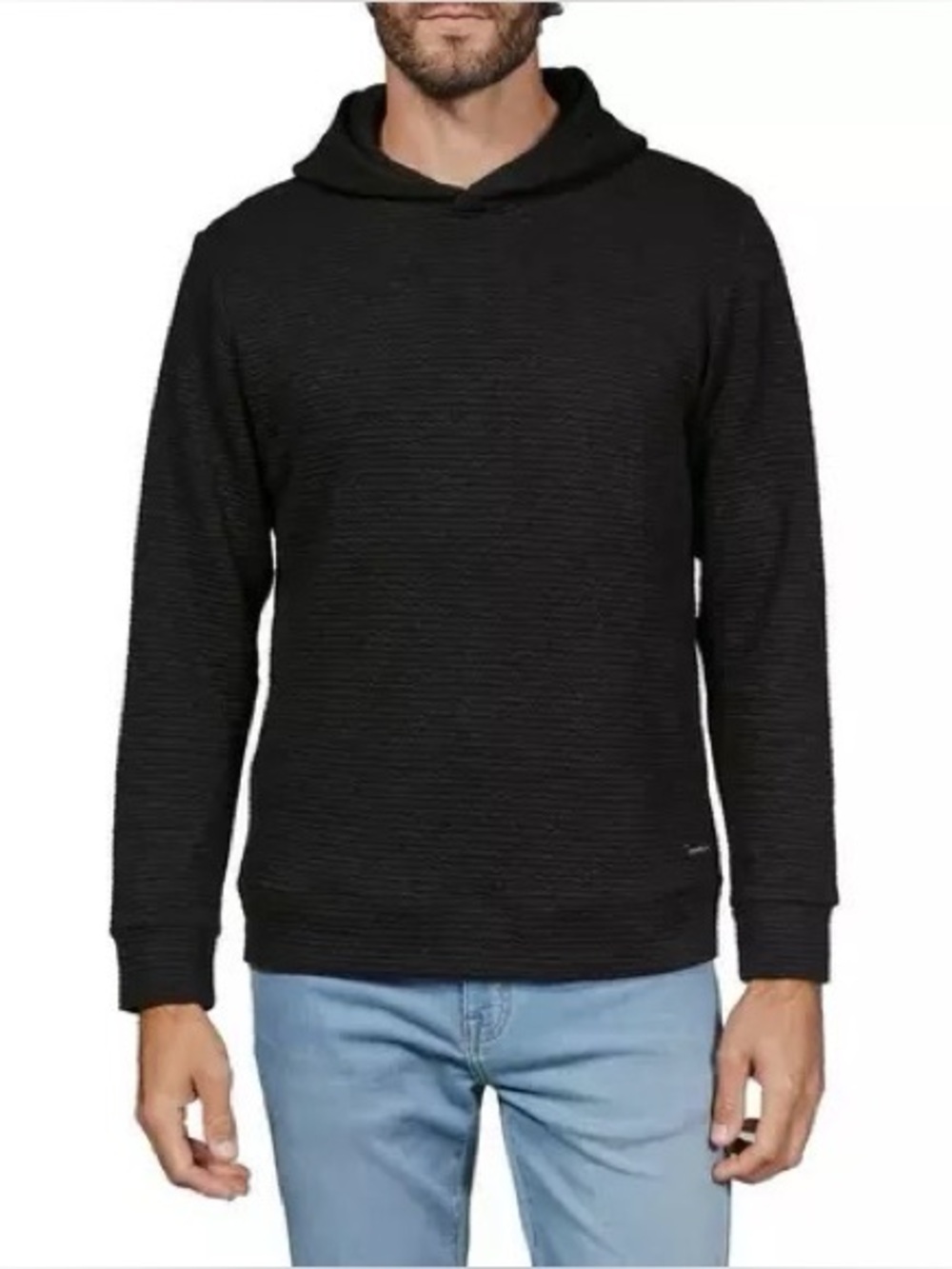 7DIAMONDS Mens Ribbed Textured Knit Pullover Hoodie Black Size Large L